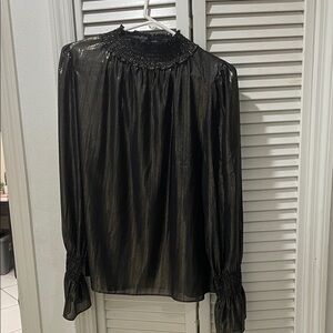 Worthington Sheer Black Smocked-Neck Long Sleeve Blouse